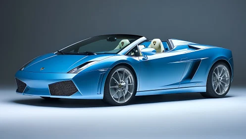 Sky blue convertible supercar basking in studio glow.