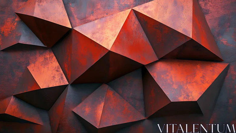 Rust-red geometric facets carve sculptural metal wall plane.
