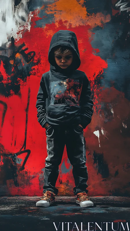 Youth figure stands against expressive red and orange abstract wall.