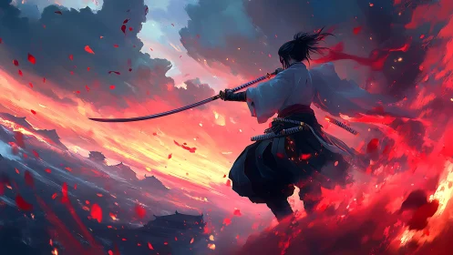 Samurai warrior cleaves dusk sky with flaming katana stroke.