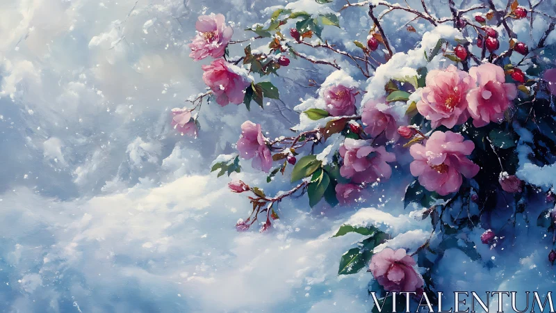 Pink Peonies in Snow with Sky Background