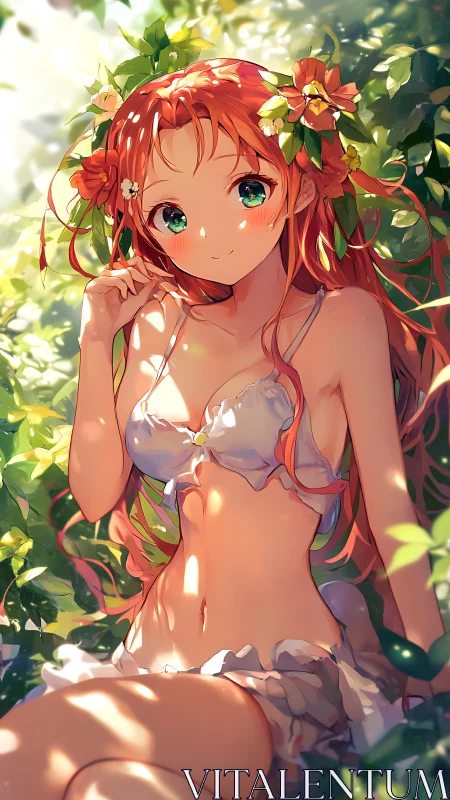 Sunlit forest girl resting softly among glowing leaves.