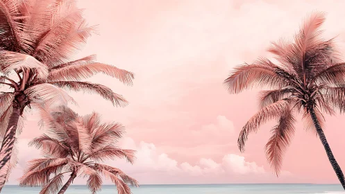 Tropical Palm Trees Silhouetted Against Pink Sky Over Calm Water