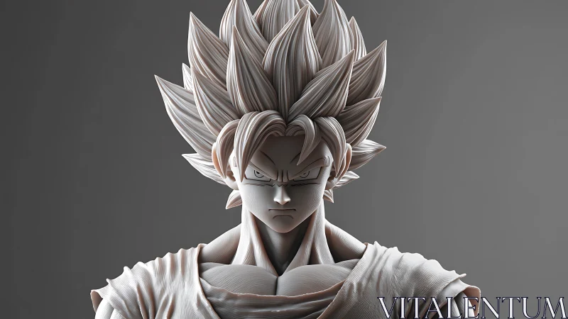 3D bust of spiky-haired anime warrior in sculptural grayscale rendering.