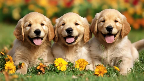 Golden retriever puppies aligned in shallow-depth floral portrait