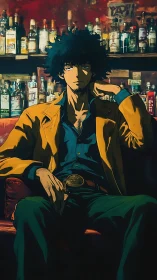 Stoic bartender rests under moody neon bar shelves.