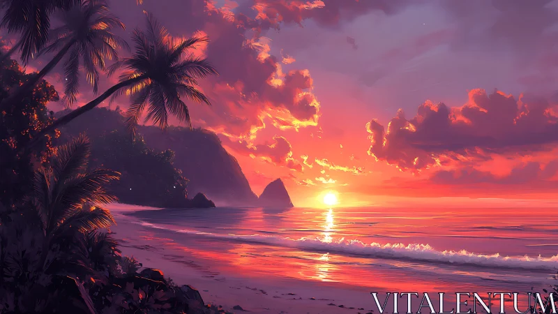 Luminous tropical sunset illuminates tranquil palm-lined shore