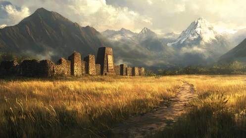 Sunlit ruins and distant snow peaks along a quiet path.