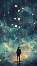 Silhouette studies suspended orbs within a luminous nebular sky