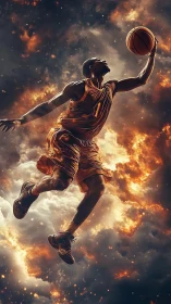 Basketball player leaping toward hoop amid fiery clouds.