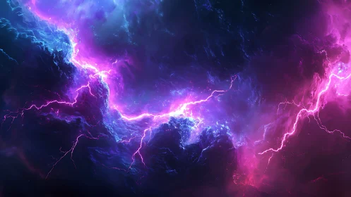 Neon tempests carve glowing fault lines through cosmic night