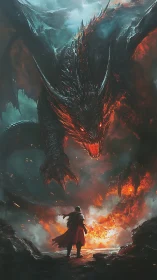 Armored warrior confronting colossal lava-breathing dragon