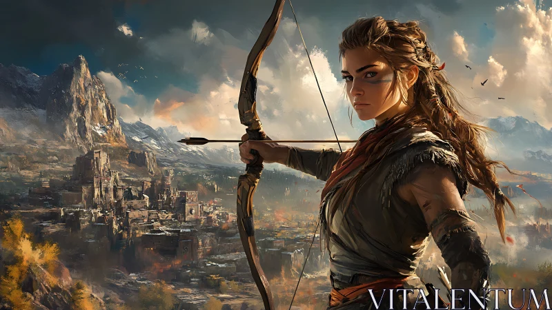 Warrior archer takes aim above a vast mountain citadel.