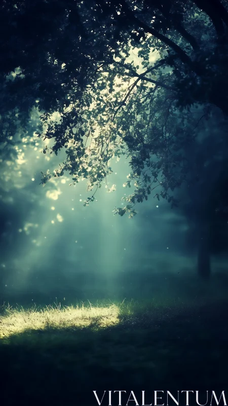 Mystic forest clearing under soft ethereal sunlight.