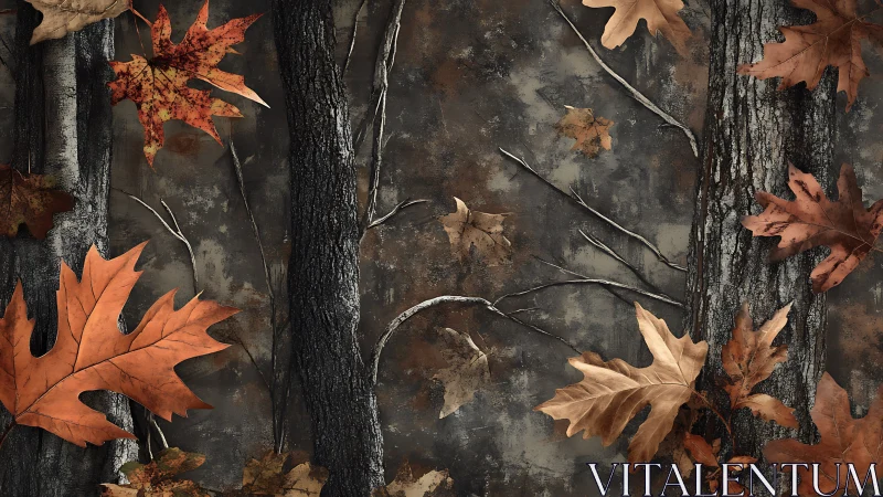 Autumn oak leaves layered over textured forest bark background.