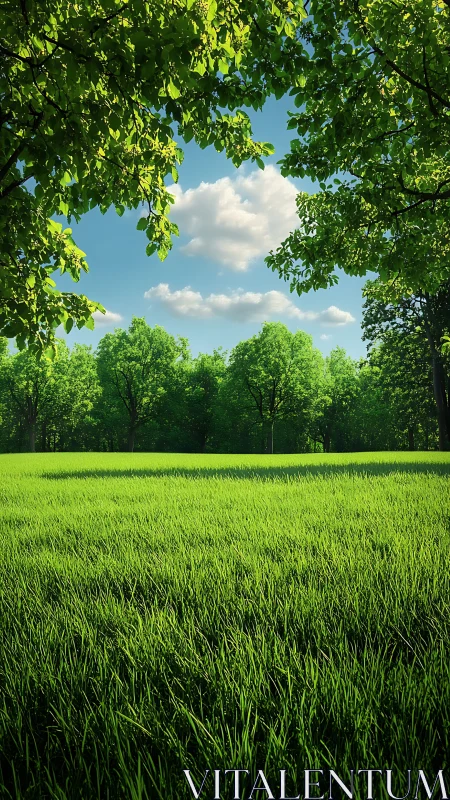 Sunlit green meadow under a bright, friendly blue sky.