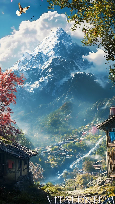 Mountain village valley with waterfall and distant peak.