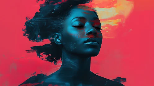 Digital portrait isolates blue-toned figure against red field