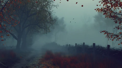 Foggy forest path under moody autumn twilight sky.