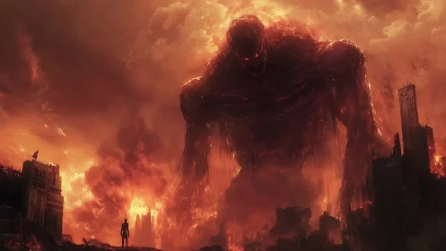 Gigantic fiery demon towering over ruined burning city.