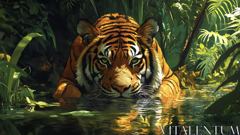 Low-perspective jungle tiger cooling in dappled forest water