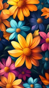 Polychromatic Daisy Composite: Yellow-Orange-Cyan-Magenta Petals