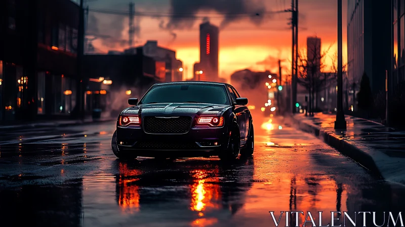 Black sedan on wet urban street at sunset in cityscape.