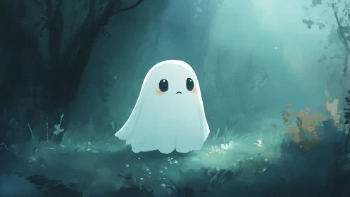 Cute spectral character in misty teal forest clearing at dusk.