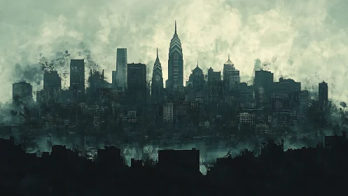 Moody urban skyline silhouette in atmospheric digital painting.