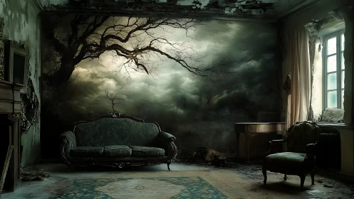 Haunted parlor opens into stormy dreamscape beyond its walls