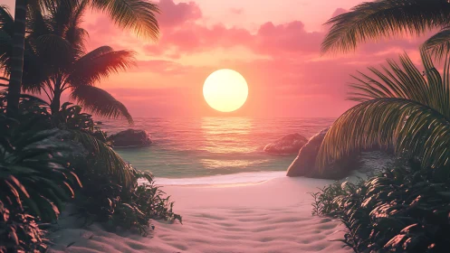 Gentle tropical sunset welcomes calm waves and soft sand