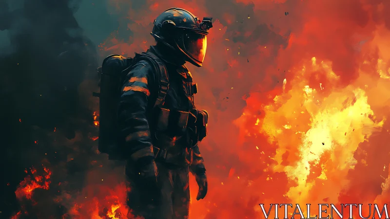 Armored figure silhouette surrounded by explosive fire.