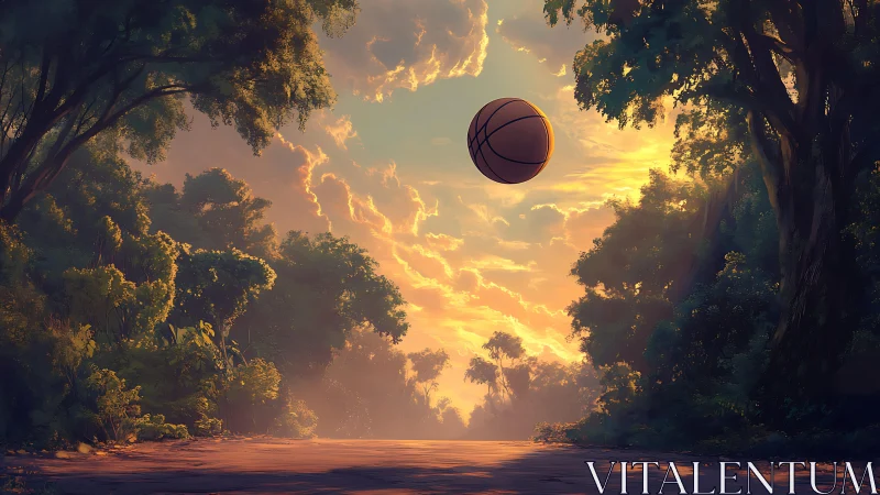 Basketball hovers over forest road beneath structured clouds