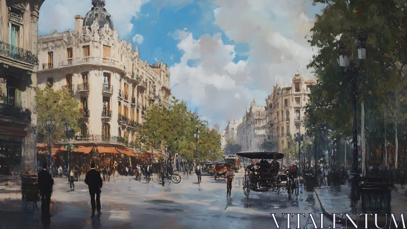 Sunlit boulevard with vintage carriages in European cityscape.