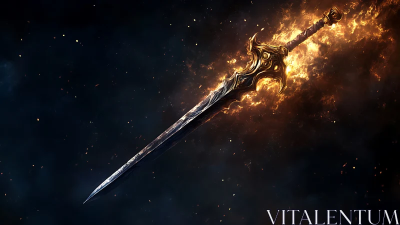 Ornate fantasy sword engulfed in golden flames against dark void