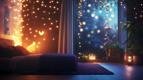 LED fairy-light bedroom with bokeh-window night garden ambiance.