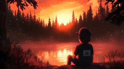 Backlit forest lake sunset with contemplative child observer.
