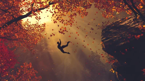 Autumn skyfall silhouette swirling through ember leaves.