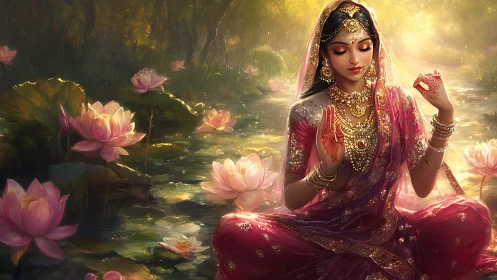 Lotus pond meditation with jeweled Indian woman in sari.