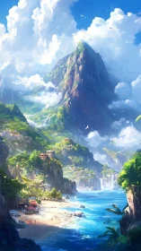 Celestial Valley: Towering Peaks and Cascading Waters in Digital Landscape.