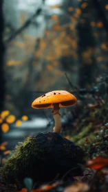 Orange woodland mushroom on mossy stone in misty bokeh forest.