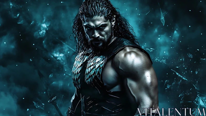 Brooding warrior in teal stormlight, muscular fantasy portrait.