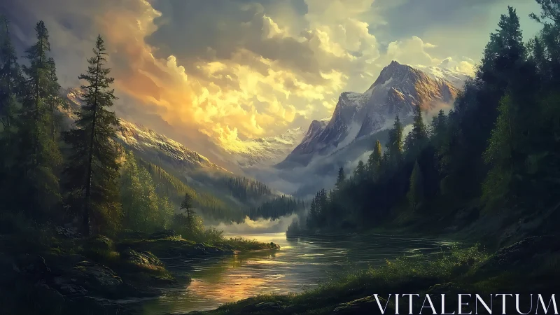 Sunlit alpine valley with river, forest, and high peaks.