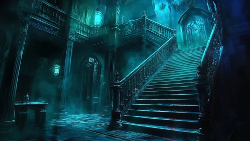 Haunted teal staircase in decayed gothic mansion interior.