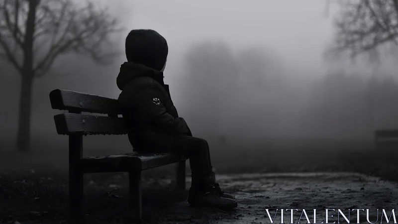 Quiet child on a foggy park bench in soft grayscale stillness.