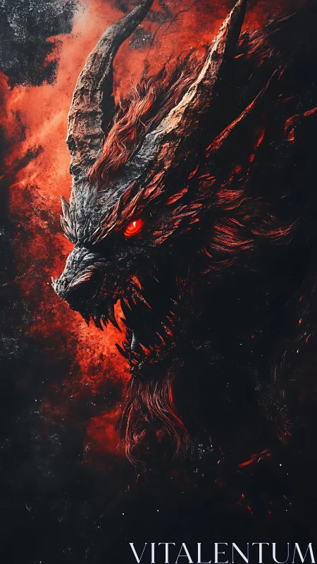 Infernal horned beast roaring through molten shadows.