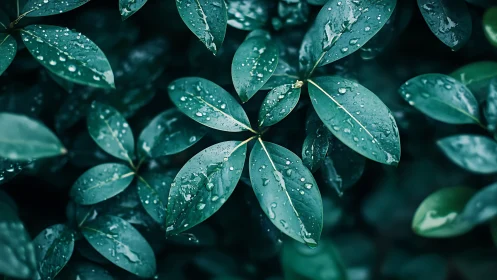 Macro foliage study shows raindrop-laden leaves in soft focus