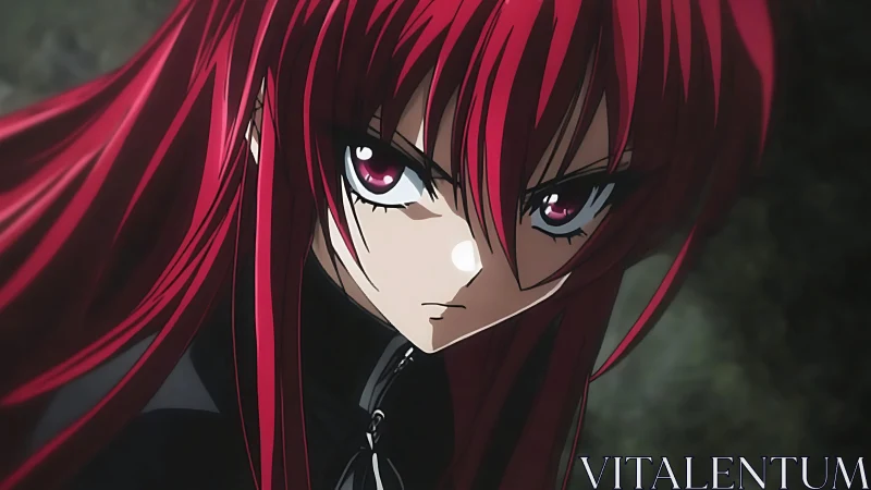 Anime close-up portrait with dynamic red hair rendering.