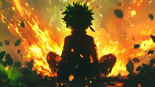 Silhouetted anime hero seated before raging orange fire.