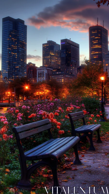 Cozy city park benches glowing against a colorful dusk skyline.